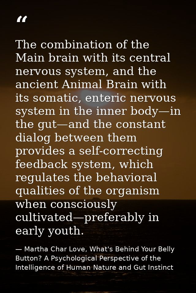 The combination of the Main brain with its central nervous system, and the ancient Animal Brain with its somatic, enteri — Martha Char Love, What's Behind Your Belly Button? A Psychological Perspective of the Intelligence of Human Nature and Gut Instinct
