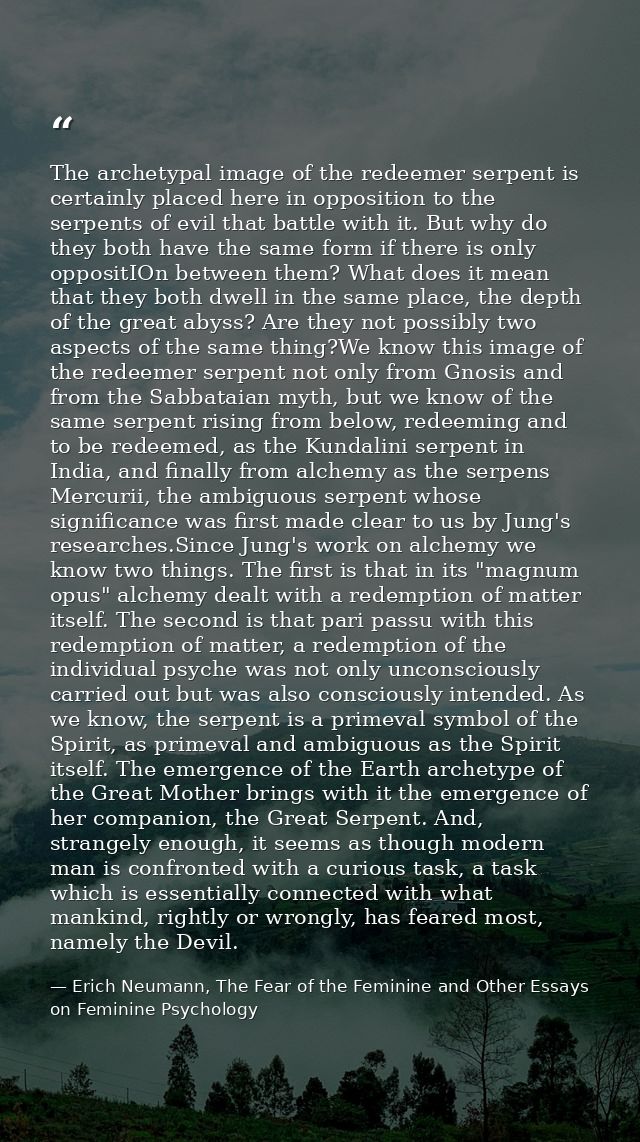 The archetypal image of the redeemer serpent is certainly placed here in opposition to the serpents of evil that battle  — Erich Neumann, The Fear of the Feminine and Other Essays on Feminine Psychology