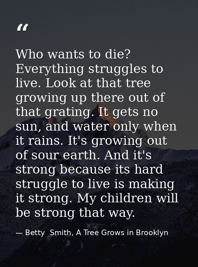 Who wants to die? Everything struggles to live. Look at that tree growing up there out of that grating. It gets no sun,  — Betty  Smith, A Tree Grows in Brooklyn