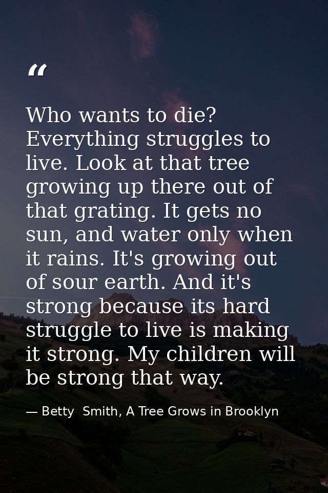 Who wants to die? Everything struggles to live. Look at that tree growing up there out of that grating. It gets no sun,  — Betty  Smith, A Tree Grows in Brooklyn