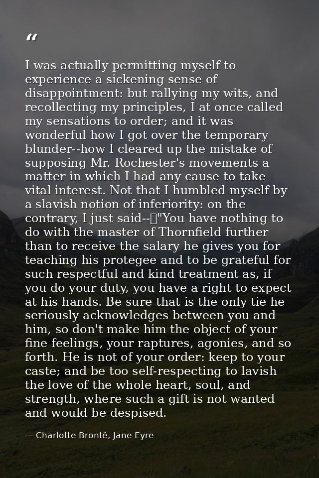 I was actually permitting myself to experience a sickening sense of disappointment: but rallying my wits, and recollecti — Charlotte Brontë, Jane Eyre