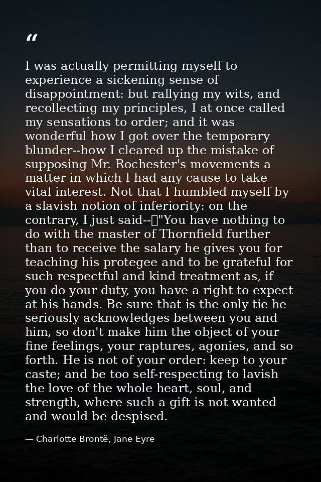 I was actually permitting myself to experience a sickening sense of disappointment: but rallying my wits, and recollecti — Charlotte Brontë, Jane Eyre