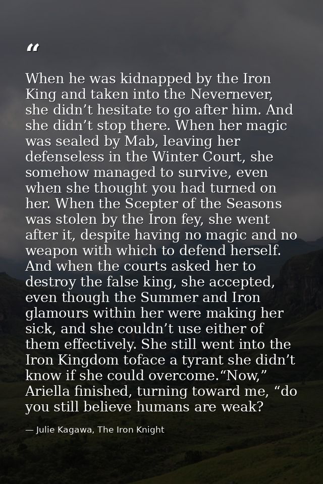 When he was kidnapped by the Iron King and taken into the Nevernever, she didn’t hesitate to go after him. And she didn’ — Julie Kagawa, The Iron Knight