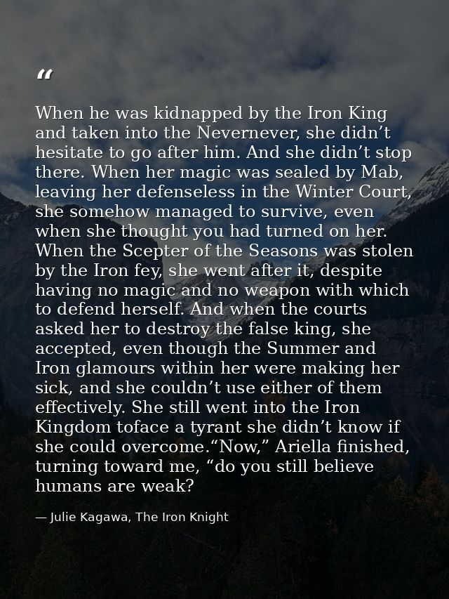 When he was kidnapped by the Iron King and taken into the Nevernever, she didn’t hesitate to go after him. And she didn’ — Julie Kagawa, The Iron Knight