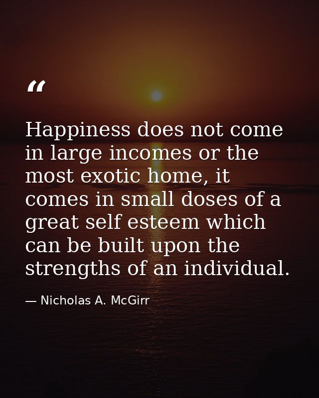 Happiness does not come in large incomes or the most exotic home, it comes in small doses of a great self esteem which c — Nicholas A. McGirr