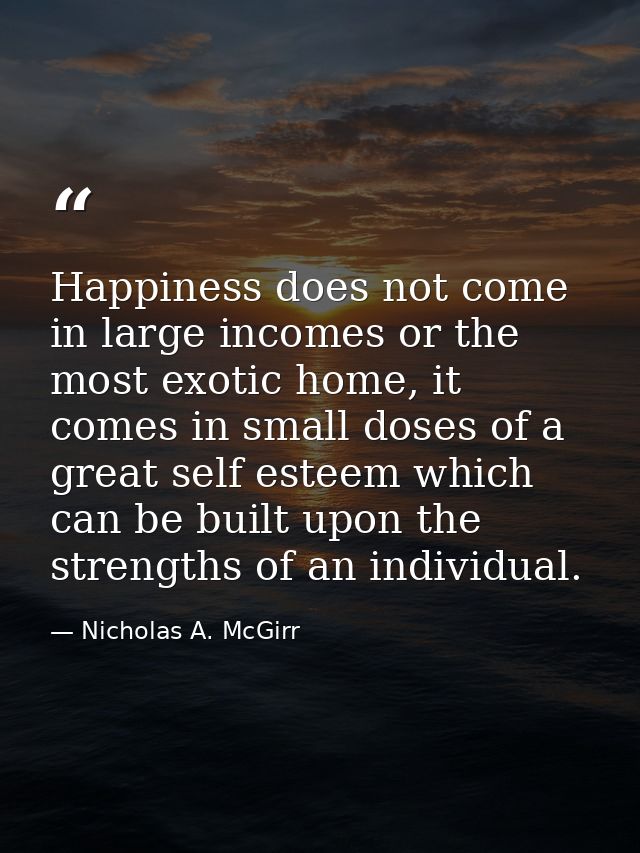 Happiness does not come in large incomes or the most exotic home, it comes in small doses of a great self esteem which c — Nicholas A. McGirr