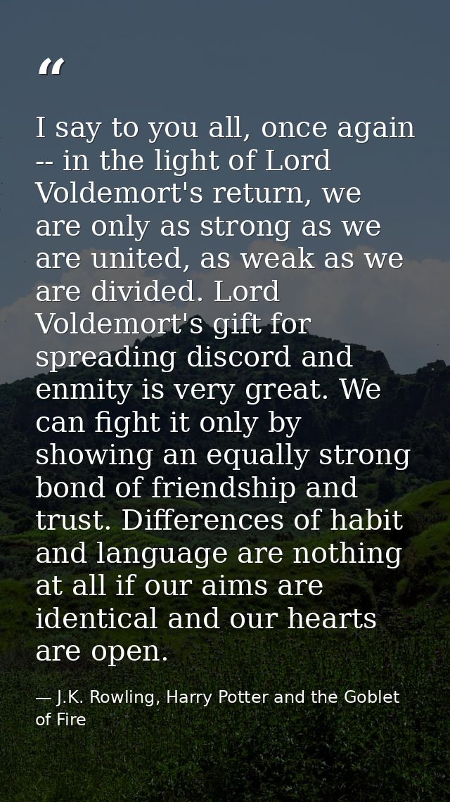 I say to you all, once again -- in the light of Lord Voldemort's return, we are only as strong as we are united, as weak — J.K. Rowling, Harry Potter and the Goblet of Fire