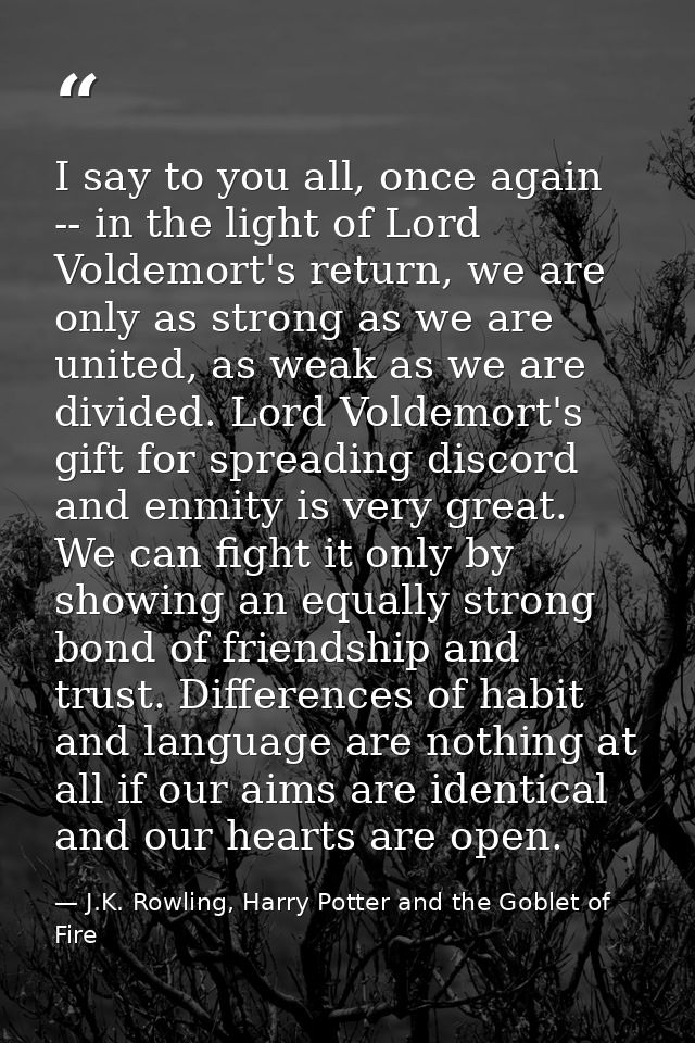 I say to you all, once again -- in the light of Lord Voldemort's return, we are only as strong as we are united, as weak — J.K. Rowling, Harry Potter and the Goblet of Fire