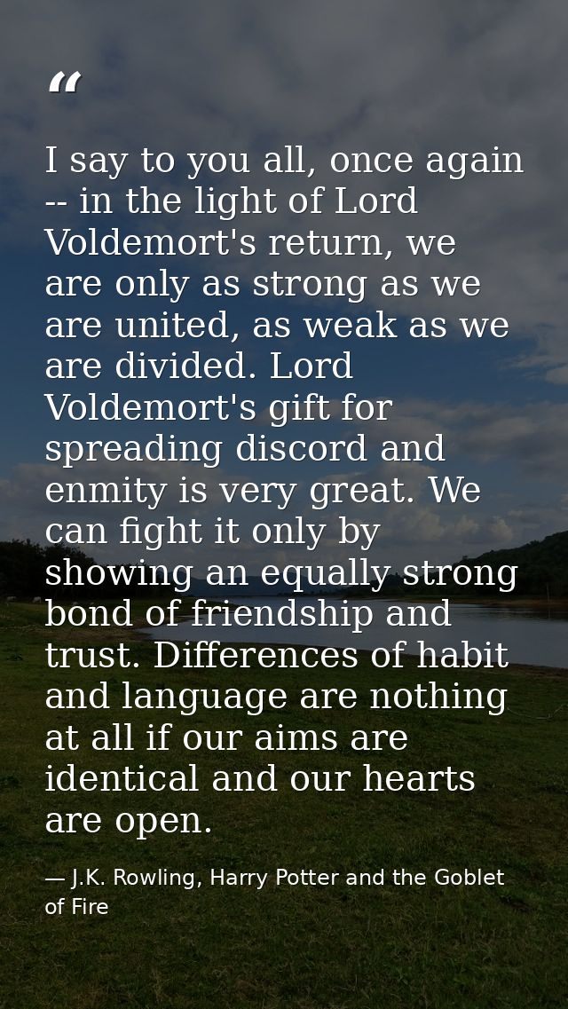 I say to you all, once again -- in the light of Lord Voldemort's return, we are only as strong as we are united, as weak — J.K. Rowling, Harry Potter and the Goblet of Fire