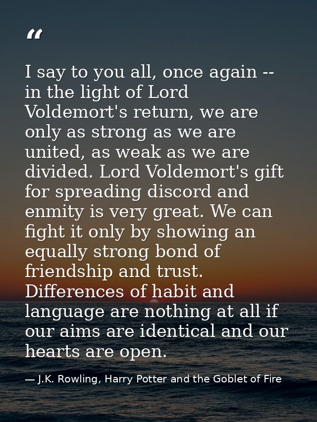 I say to you all, once again -- in the light of Lord Voldemort's return, we are only as strong as we are united, as weak — J.K. Rowling, Harry Potter and the Goblet of Fire
