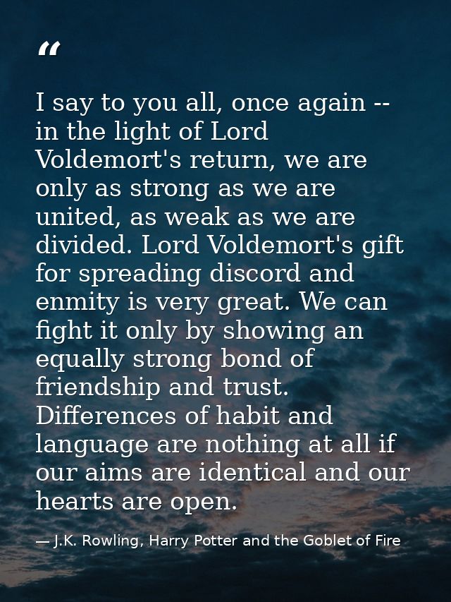 I say to you all, once again -- in the light of Lord Voldemort's return, we are only as strong as we are united, as weak — J.K. Rowling, Harry Potter and the Goblet of Fire