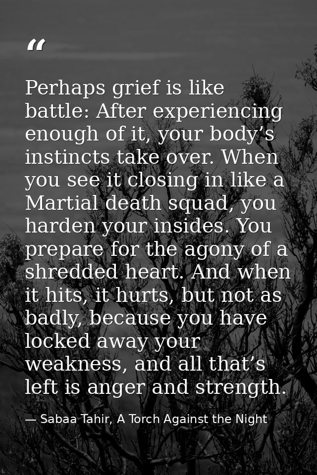 Perhaps grief is like battle: After experiencing enough of it, your body’s instincts take over. When you see it closing  — Sabaa Tahir, A Torch Against the Night