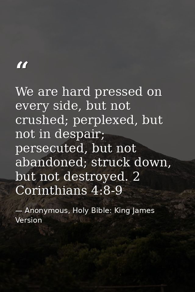 We are hard pressed on every side, but not crushed; perplexed, but not in despair; persecuted, but not abandoned; struck — Anonymous, Holy Bible: King James Version