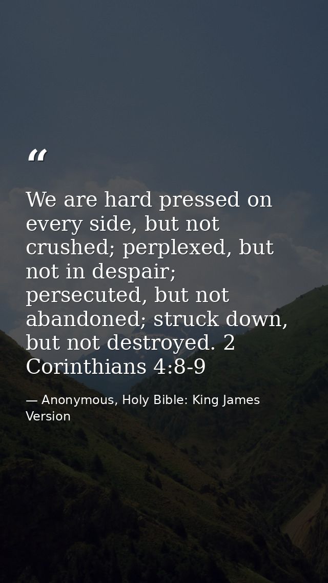 We are hard pressed on every side, but not crushed; perplexed, but not in despair; persecuted, but not abandoned; struck — Anonymous, Holy Bible: King James Version