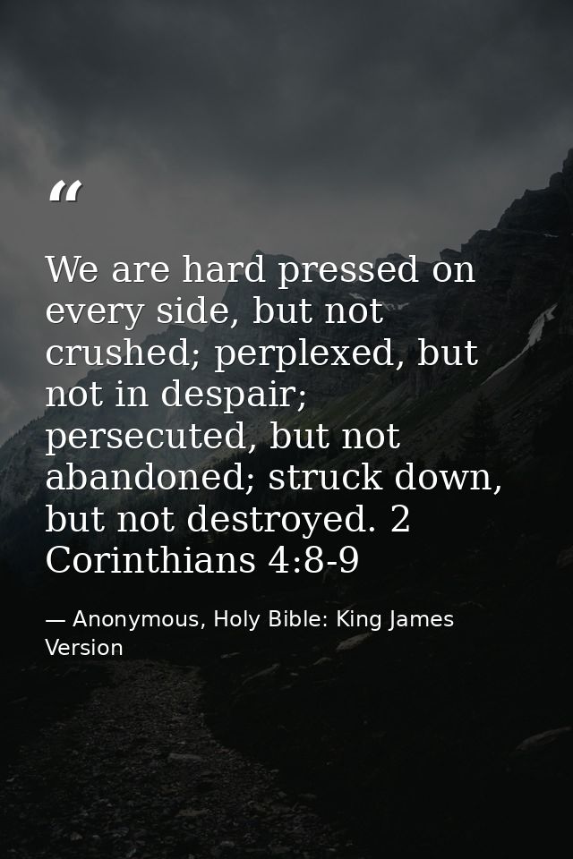 We are hard pressed on every side, but not crushed; perplexed, but not in despair; persecuted, but not abandoned; struck — Anonymous, Holy Bible: King James Version
