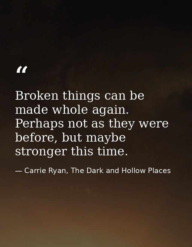 Broken things can be made whole again. Perhaps not as they were before, but maybe stronger this time. — Carrie Ryan, The Dark and Hollow Places