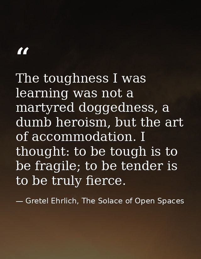 The toughness I was learning was not a martyred doggedness, a dumb heroism, but the art of accommodation. I thought: to  — Gretel Ehrlich, The Solace of Open Spaces