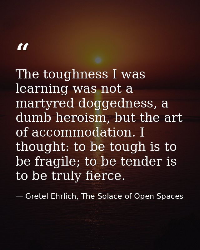 The toughness I was learning was not a martyred doggedness, a dumb heroism, but the art of accommodation. I thought: to  — Gretel Ehrlich, The Solace of Open Spaces