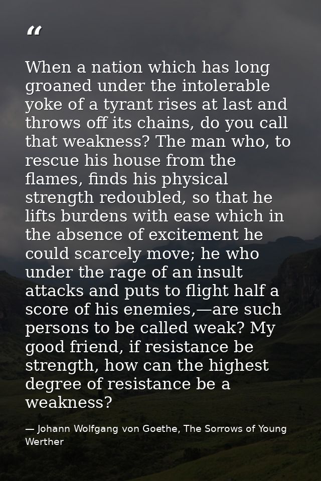 When a nation which has long groaned under the intolerable yoke of a tyrant rises at last and throws off its chains, do  — Johann Wolfgang von Goethe, The Sorrows of Young Werther