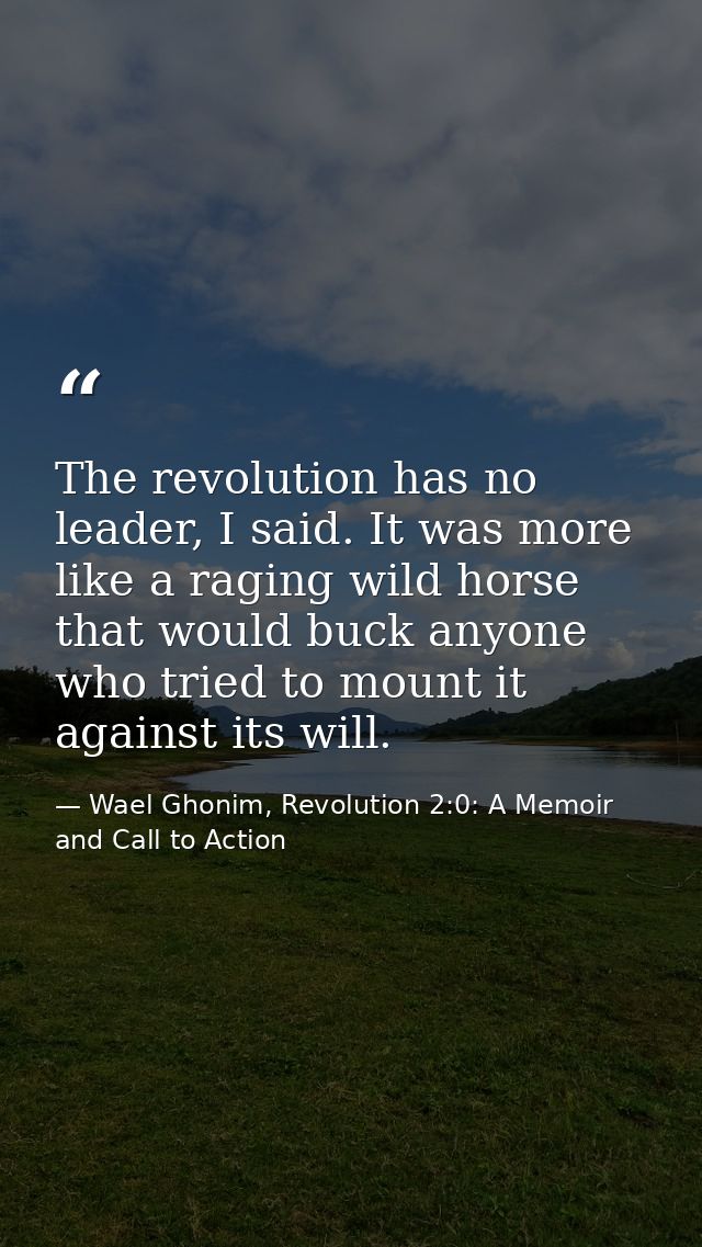 The revolution has no leader, I said. It was more like a raging wild horse that would buck anyone who tried to mount it  — Wael Ghonim, Revolution 2:0: A Memoir and Call to Action