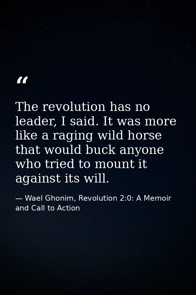 The revolution has no leader, I said. It was more like a raging wild horse that would buck anyone who tried to mount it  — Wael Ghonim, Revolution 2:0: A Memoir and Call to Action