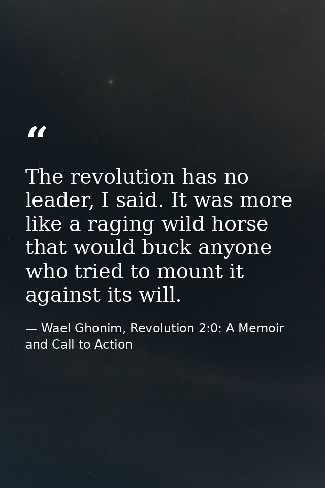 The revolution has no leader, I said. It was more like a raging wild horse that would buck anyone who tried to mount it  — Wael Ghonim, Revolution 2:0: A Memoir and Call to Action