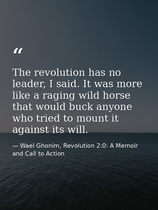 The revolution has no leader, I said. It was more like a raging wild horse that would buck anyone who tried to mount it  — Wael Ghonim, Revolution 2:0: A Memoir and Call to Action