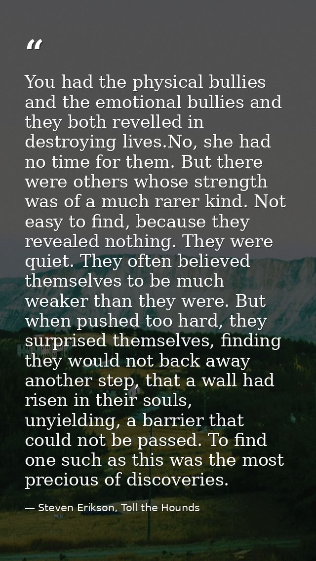 You had the physical bullies and the emotional bullies and they both revelled in destroying lives.No, she had no time fo — Steven Erikson, Toll the Hounds