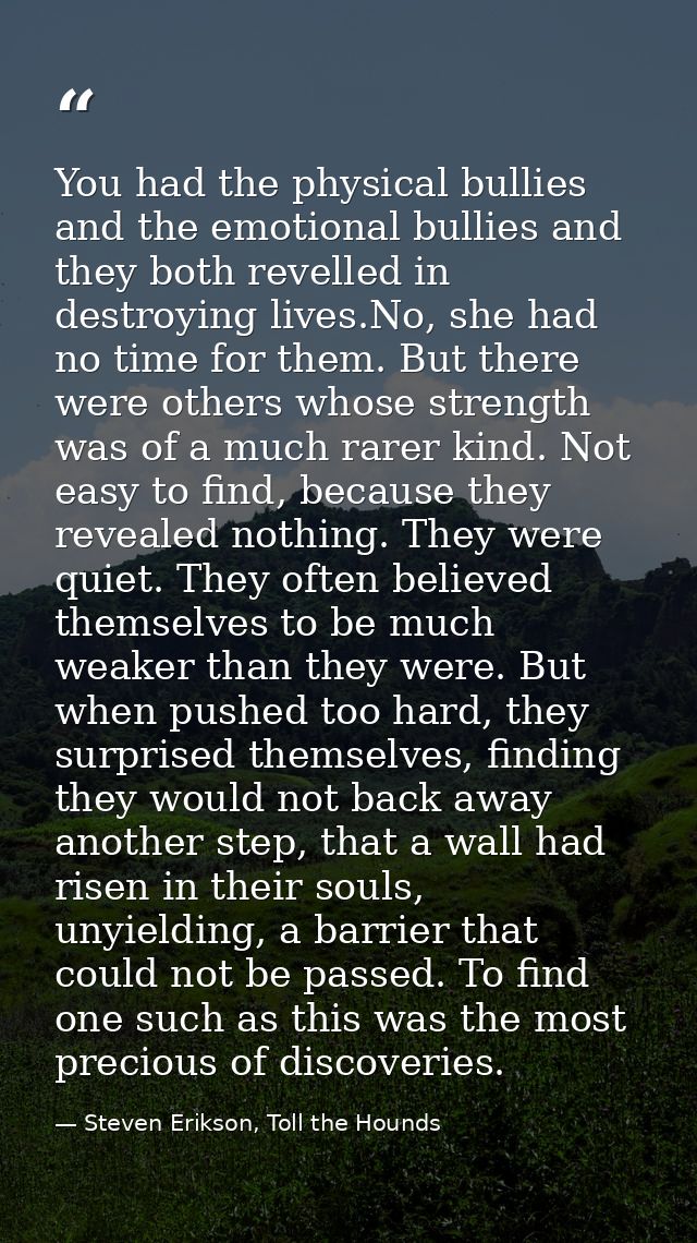 You had the physical bullies and the emotional bullies and they both revelled in destroying lives.No, she had no time fo — Steven Erikson, Toll the Hounds