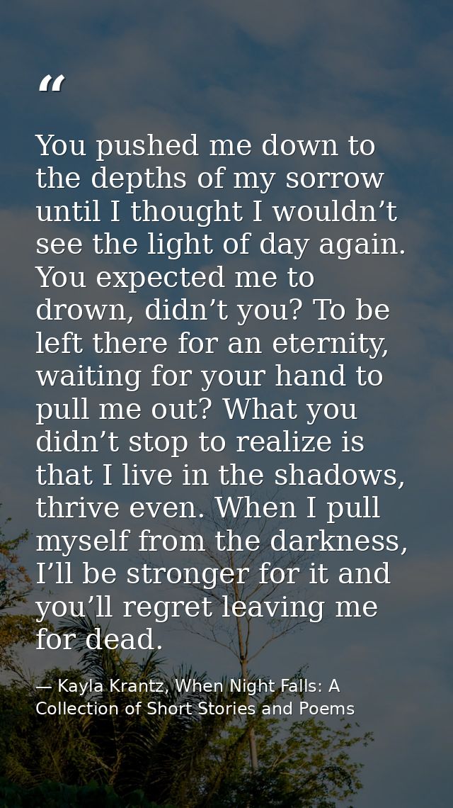 You pushed me down to the depths of my sorrow until I thought I wouldn’t see the light of day again. You expected me to  — Kayla Krantz, When Night Falls: A Collection of Short Stories and Poems