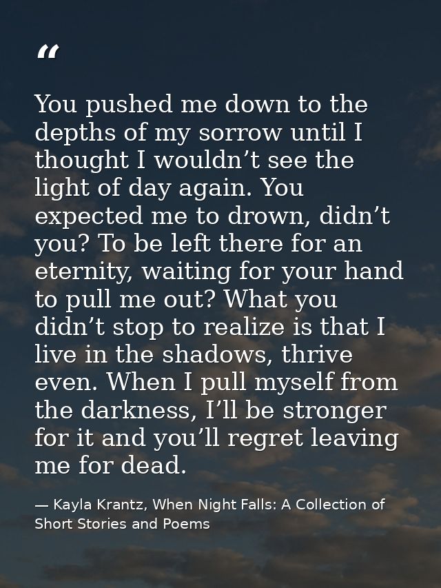 You pushed me down to the depths of my sorrow until I thought I wouldn’t see the light of day again. You expected me to  — Kayla Krantz, When Night Falls: A Collection of Short Stories and Poems