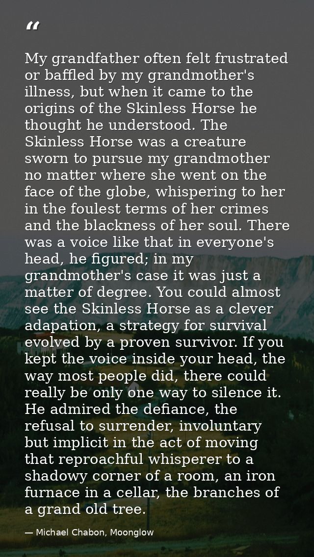 My grandfather often felt frustrated or baffled by my grandmother's illness, but when it came to the origins of the Skin — Michael Chabon, Moonglow