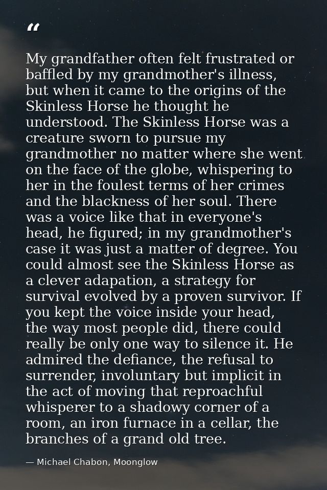 My grandfather often felt frustrated or baffled by my grandmother's illness, but when it came to the origins of the Skin — Michael Chabon, Moonglow