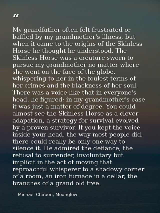 My grandfather often felt frustrated or baffled by my grandmother's illness, but when it came to the origins of the Skin — Michael Chabon, Moonglow