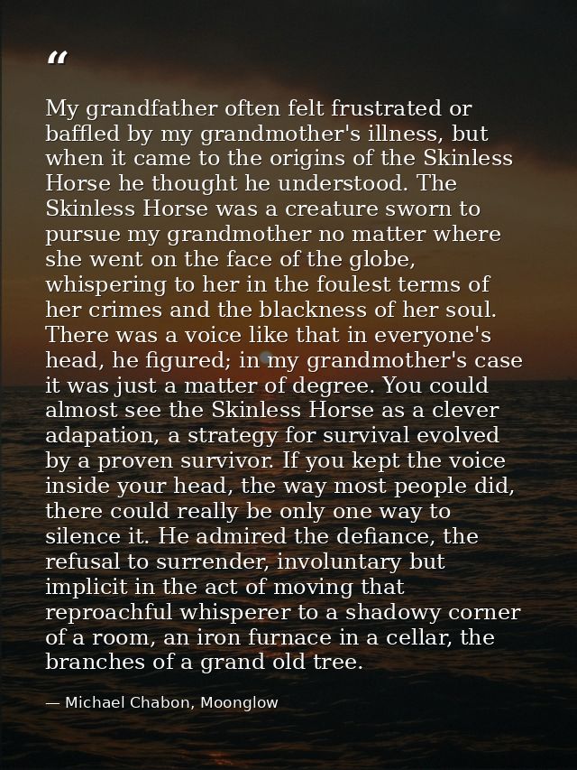 My grandfather often felt frustrated or baffled by my grandmother's illness, but when it came to the origins of the Skin — Michael Chabon, Moonglow