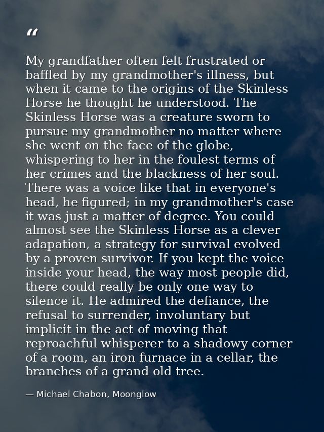 My grandfather often felt frustrated or baffled by my grandmother's illness, but when it came to the origins of the Skin — Michael Chabon, Moonglow