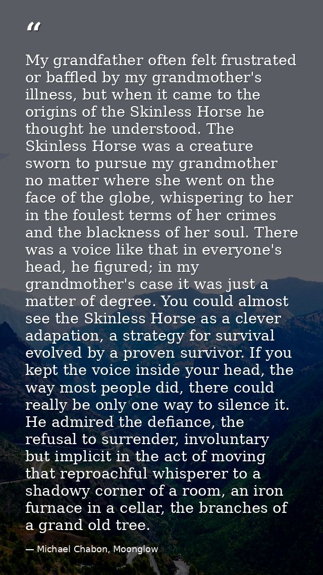 My grandfather often felt frustrated or baffled by my grandmother's illness, but when it came to the origins of the Skin — Michael Chabon, Moonglow