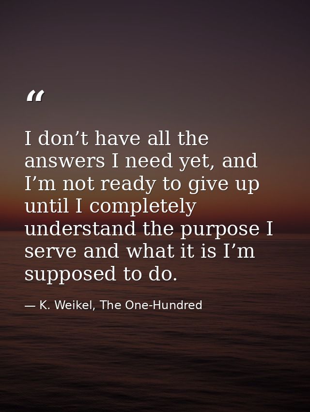 I don’t have all the answers I need yet, and I’m not ready to give up until I completely understand the purpose I serve  — K. Weikel, The One-Hundred
