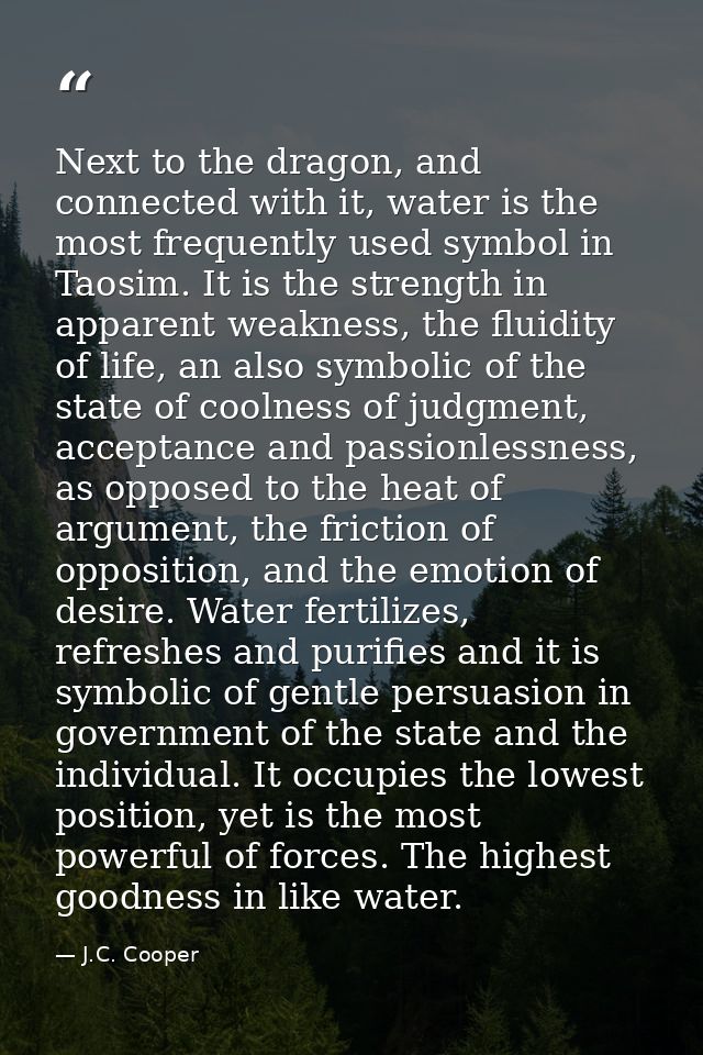 Next to the dragon, and connected with it, water is the most frequently used symbol in Taosim. It is the strength in app — J.C. Cooper