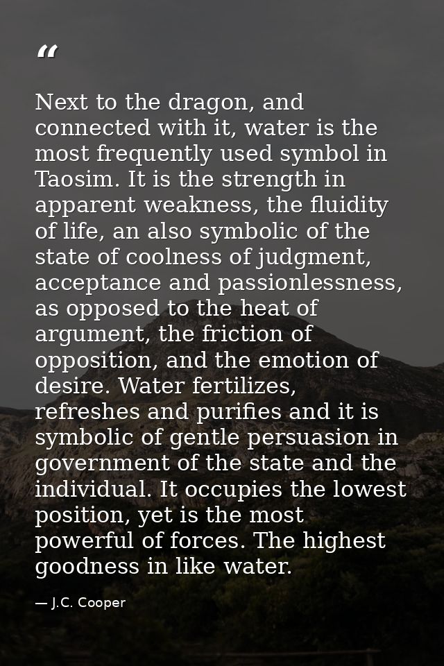 Next to the dragon, and connected with it, water is the most frequently used symbol in Taosim. It is the strength in app — J.C. Cooper