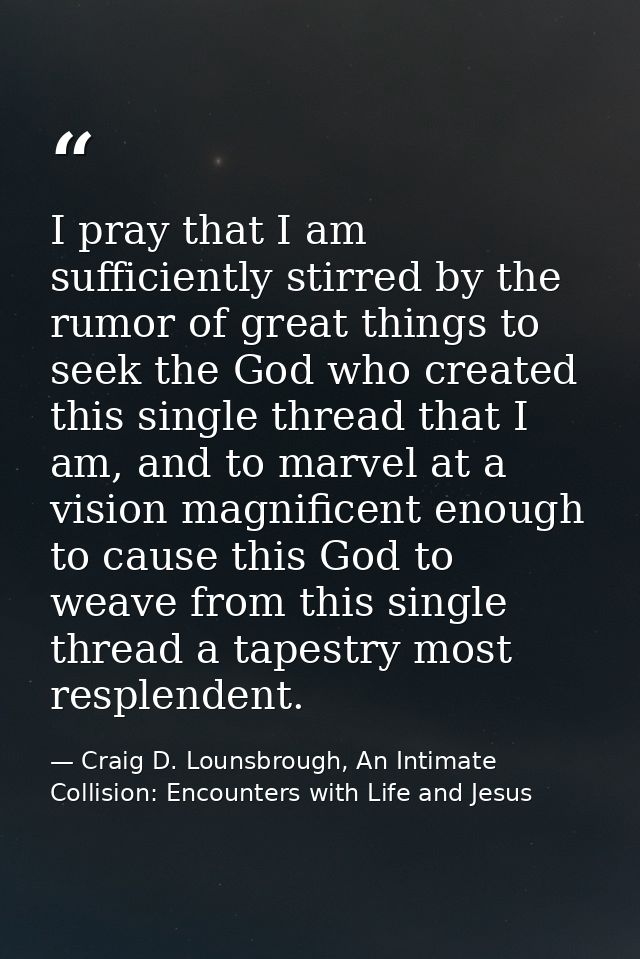 I pray that I am sufficiently stirred by the rumor of great things to seek the God who created this single thread that I — Craig D. Lounsbrough, An Intimate Collision: Encounters with Life and Jesus