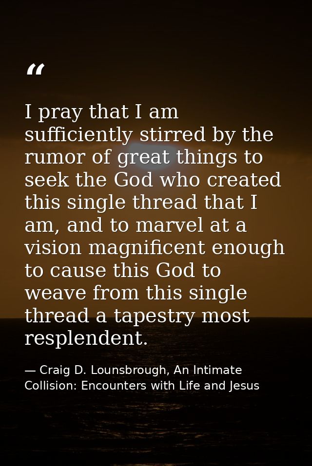 I pray that I am sufficiently stirred by the rumor of great things to seek the God who created this single thread that I — Craig D. Lounsbrough, An Intimate Collision: Encounters with Life and Jesus