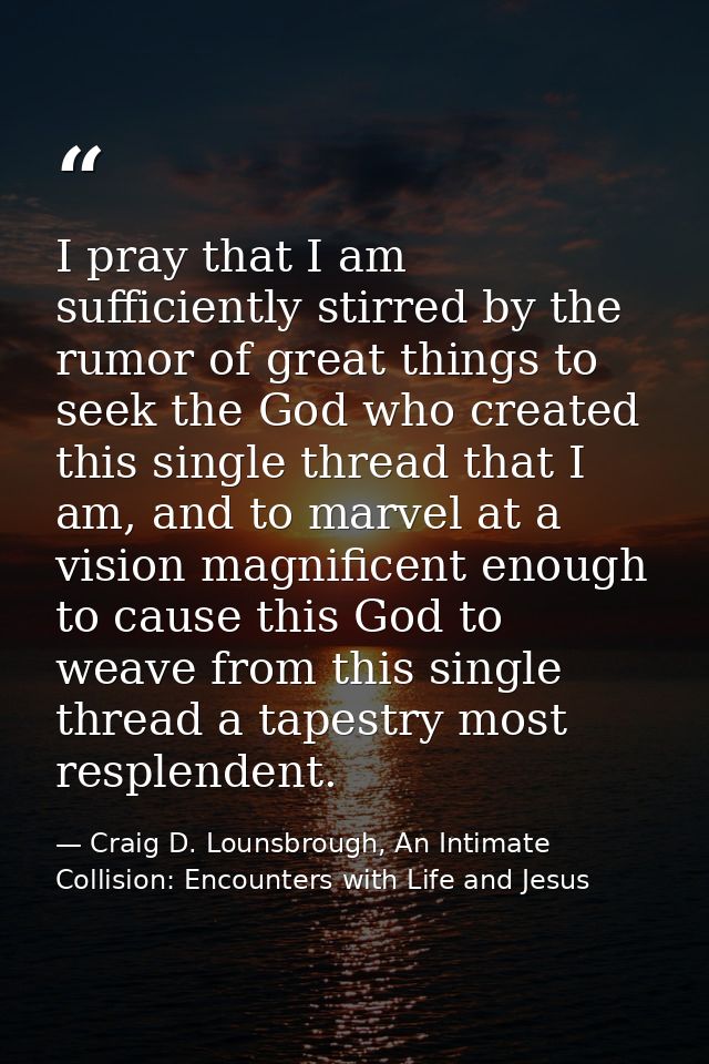 I pray that I am sufficiently stirred by the rumor of great things to seek the God who created this single thread that I — Craig D. Lounsbrough, An Intimate Collision: Encounters with Life and Jesus