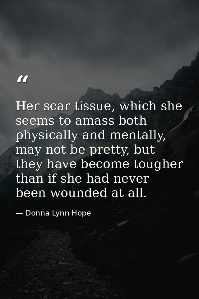 Her scar tissue, which she seems to amass both physically and mentally, may not be pretty, but they have become tougher  — Donna Lynn Hope