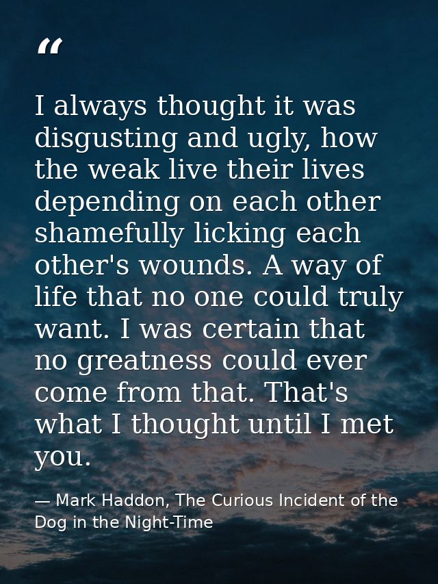 I always thought it was disgusting and ugly, how the weak live their lives depending on each other shamefully licking ea — Mark Haddon, The Curious Incident of the Dog in the Night-Time
