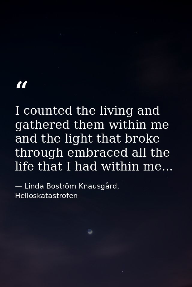 I counted the living and gathered them within me and the light that broke through embraced all the life that I had withi — Linda Boström Knausgård, Helioskatastrofen
