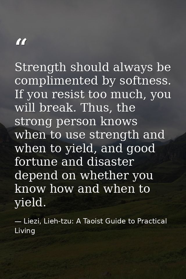 Strength should always be complimented by softness. If you resist too much, you will break. Thus, the strong person know — Liezi, Lieh-tzu: A Taoist Guide to Practical Living