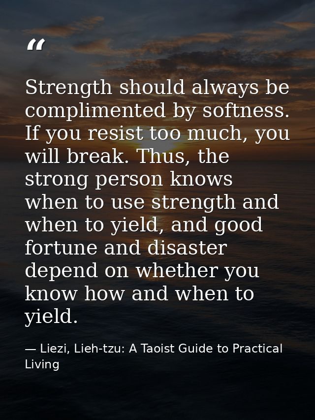 Strength should always be complimented by softness. If you resist too much, you will break. Thus, the strong person know — Liezi, Lieh-tzu: A Taoist Guide to Practical Living
