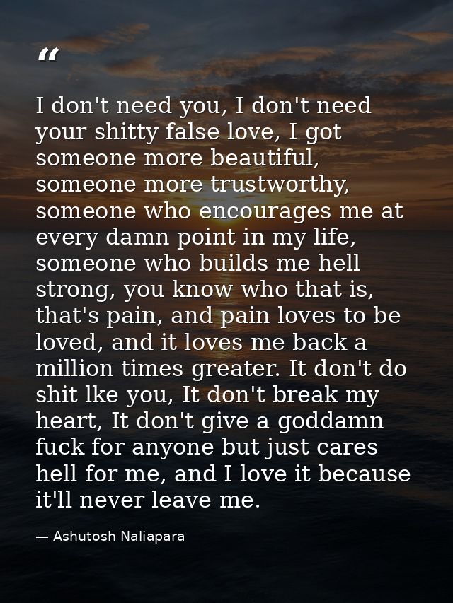I don't need you, I don't need your shitty false love, I got someone more beautiful, someone more trustworthy, someone w — Ashutosh Naliapara