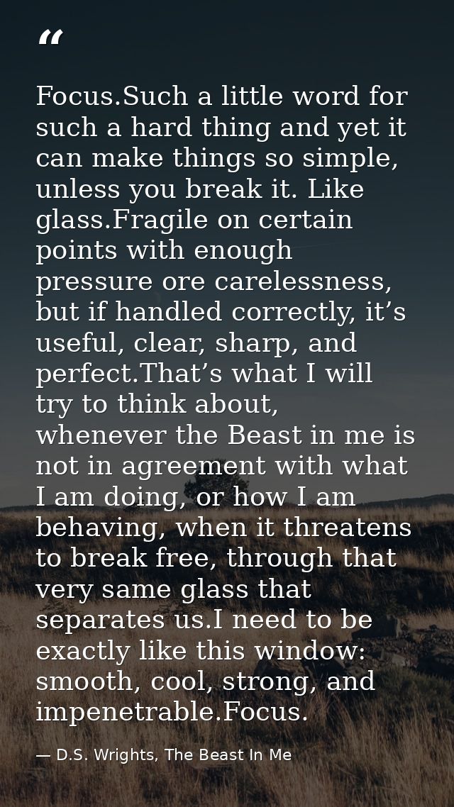 Focus.Such a little word for such a hard thing and yet it can make things so simple, unless you break it. Like glass.Fra — D.S. Wrights, The Beast In Me